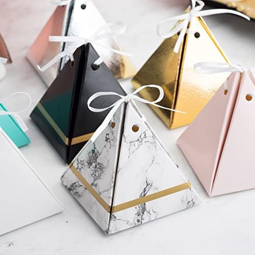Efavormart 25 חבילה מתכתית פירמידה זהב פירמידה קופסאות טובות עם סאטן סרטי סאטן כרטיסי מלאי מתנות כלה