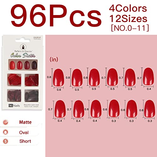 קצר סגלגל מזויף ציפורניים 4 צבעים 96 יחידות,מתייחס לסנוור אדום אקריליק שווא ציפורניים קצר שקדים ציפורניים שיפוע מוצק
